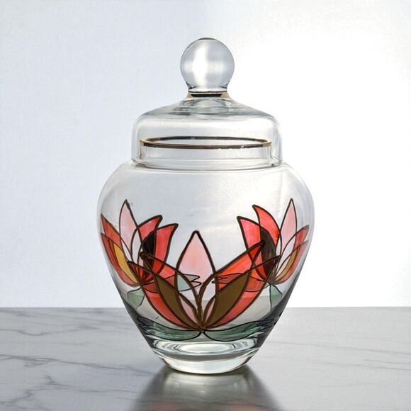 Vintage Lotus Art Glass Jar: Hand-Painted Floral Lidded Bowl - Picture 1 of 6